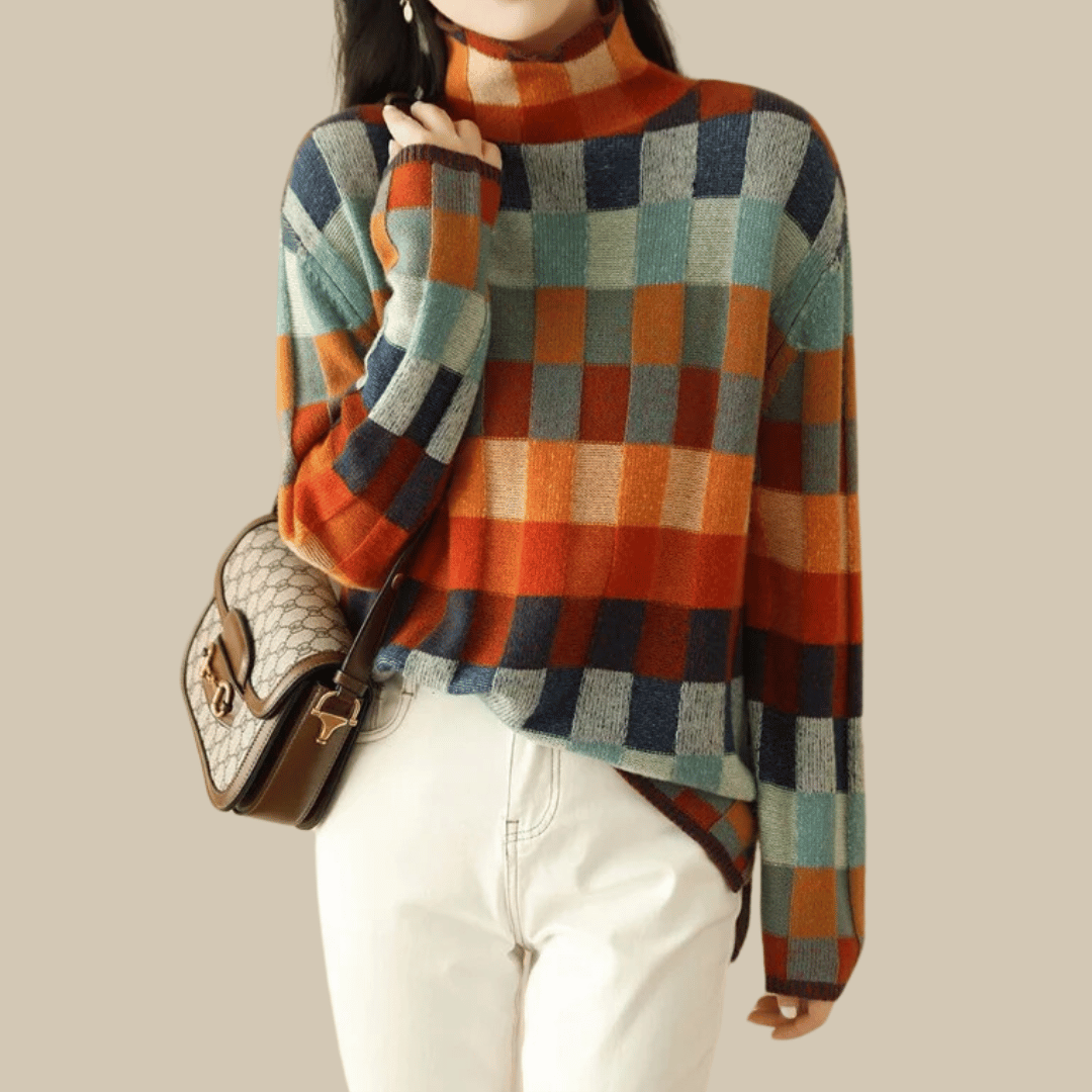 Women's Patchwork Cashmere Turtleneck – Luxurious Knit Long Sleeve | Elegance & Warmth