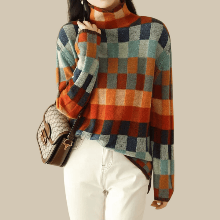 Women's Patchwork Cashmere Turtleneck – Luxurious Knit Long Sleeve | Elegance & Warmth