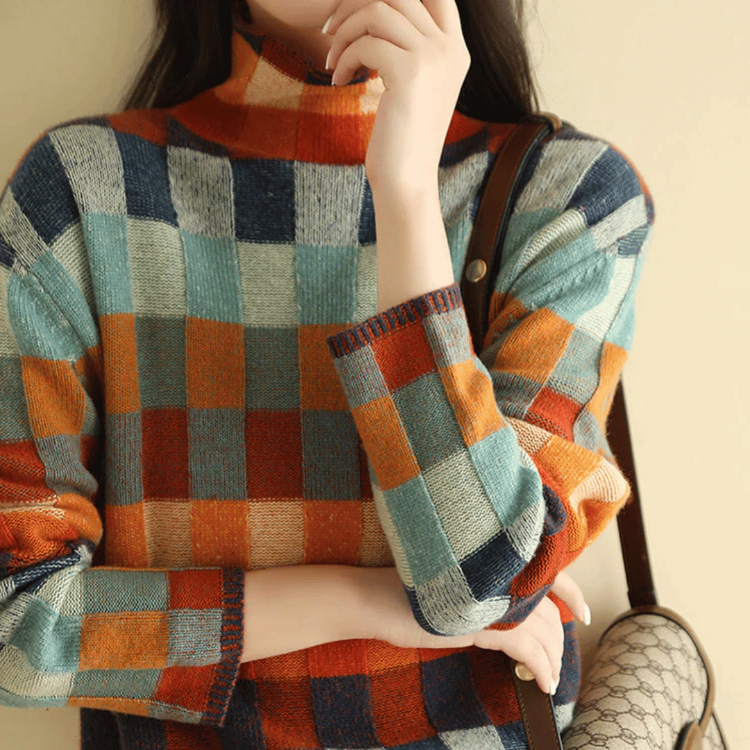 Women's Patchwork Cashmere Turtleneck – Luxurious Knit Long Sleeve | Elegance & Warmth