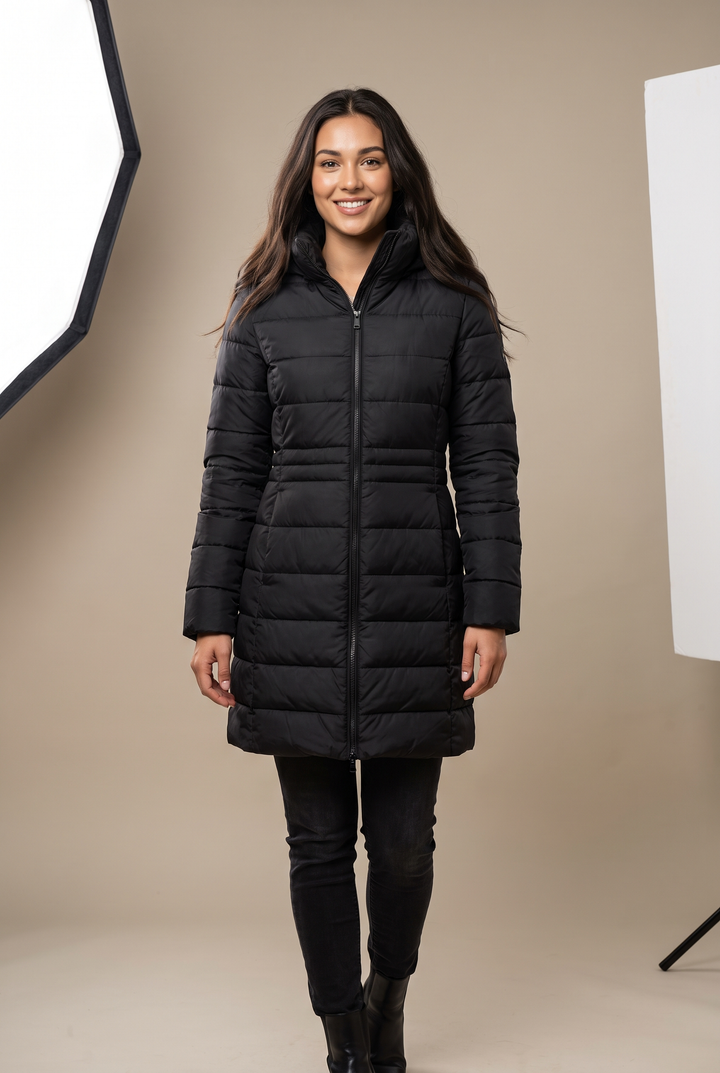 Women's Long Quilted Puffer Jacket – Knee Length Zip Closure | Warmth & Winter Elegance