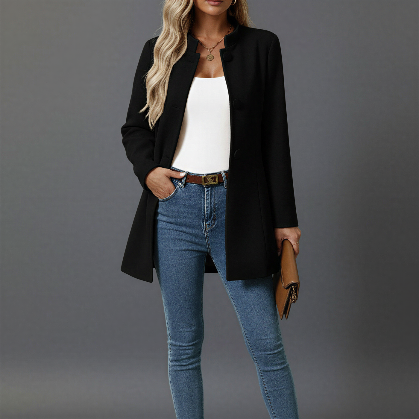 Women's A-Line Buttoned Coat – Officer Collar Mid-Length | Classic Elegance