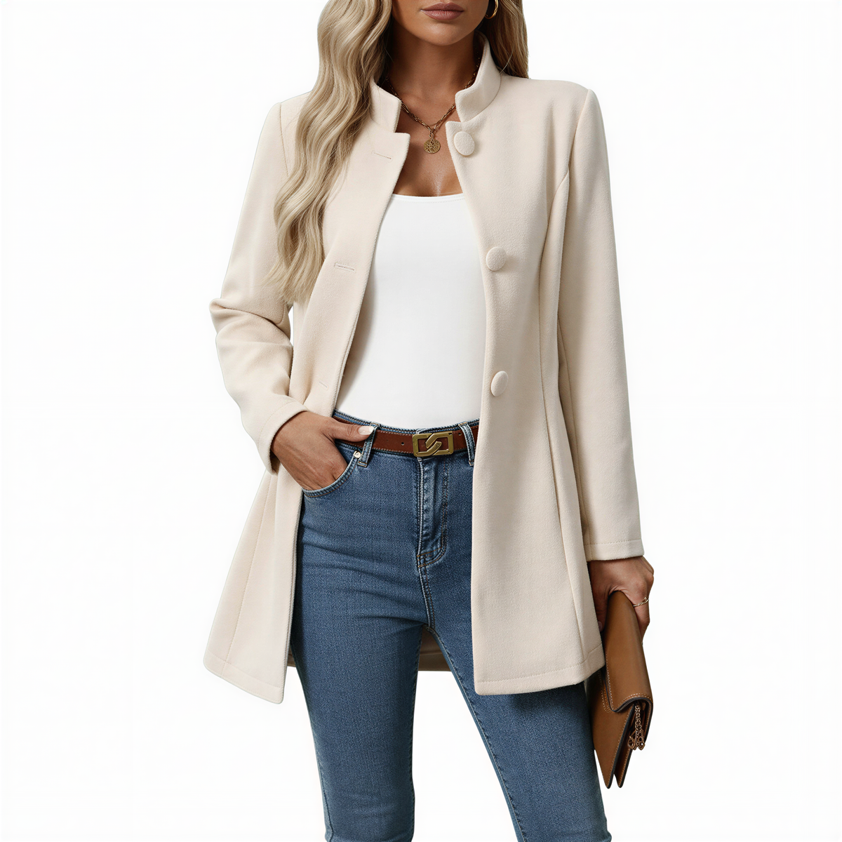 Women's A-Line Buttoned Coat – Officer Collar Mid-Length | Classic Elegance