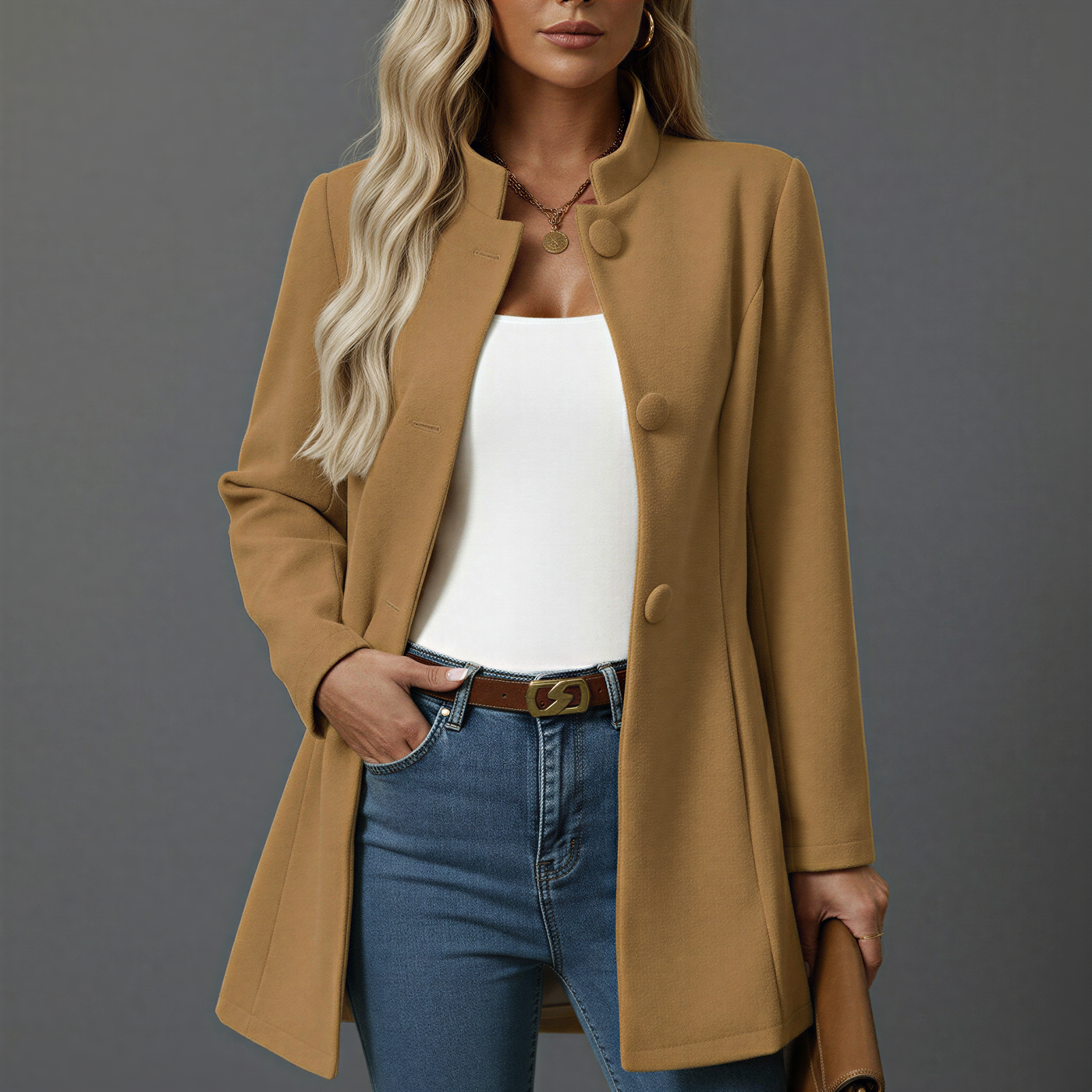 Women's A-Line Buttoned Coat – Officer Collar Mid-Length | Classic Elegance